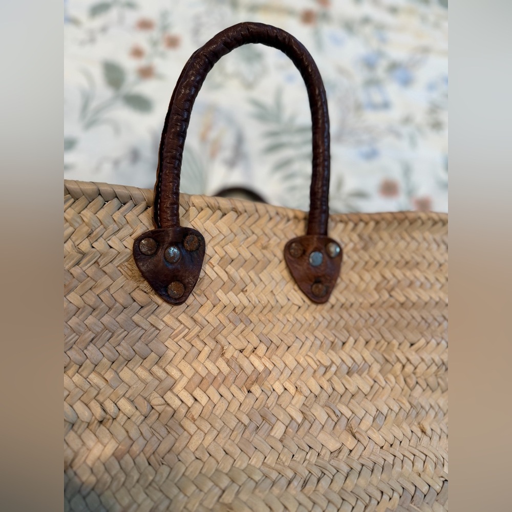 French Market Basket Woven Straw Tote with Brown Leather Handles - Picture 5 of 7